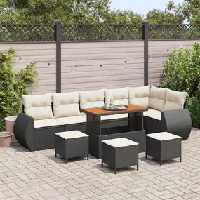 Conjunto de Sofá de Jardim vidaXL de 10 Peças com Almofadas Pretas em Polirattan e Acácia