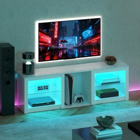 Móvel de TV com iluminação LED para televisores até 70 polegadas, 160 x 35 x 51,7 cm, com prateleiras de vidro ajustáveis, branco