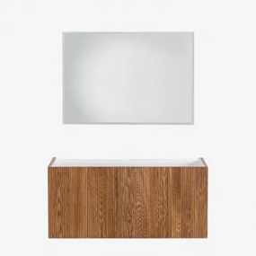 Conjunto De Móvel De Casa De Banho Em Madeira Com Lavatório Integrado Fiore Madeira Escura & Led Retangular E Anti-embaciamento 100x70 Cm Riben -
