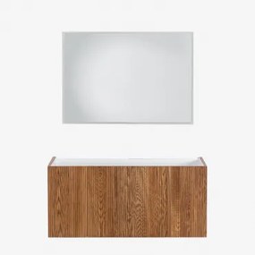 Conjunto De Móvel De Casa De Banho Suspenso 120x50 Cm Em Madeira Com Lavatório Integrado Fiore Castanho Fresno & Led Retangular - Sklum
