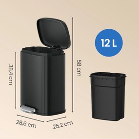 Caixote do lixo de 12 L, com pedal, com cesto interior e fecho suave 38,4 x 28,6 x 25,2 cm preto