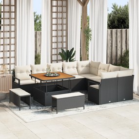 Conjunto de Sofá de Jardim de 12 Peças com Almofadas Preto Rattan Poliéster Acácia