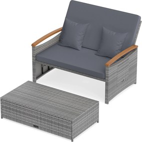 Conjunto de Sofá-Cama de Jardim de 2 Lugares, Otomana e 2 Mesas Laterais Dobráveis, 164 x 72-111 x 54,5-88 cm, Encosto Ajustável em 4 Níveis, Cinzento