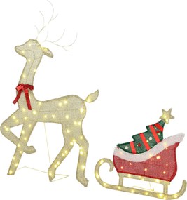Outsunny Rena Natalina Iluminada com Trenó com 95 LED Branco Quente, 8 Modos de Iluminação e Timer, Dourado | Aosom Portugal