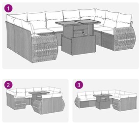 10 pcs conjunto sofás de jardim c/ almofadões vime PE preto