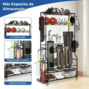 Organizador equipamento desportivo com rodas 132 x 40,5 x 194 cm, estrutura metálica, 4 ganchos e suporte adicional para 3 sacos de golfe e acessórios