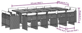 15 pcs conjunto de jantar p/ jardim com almofadões vime PE bege