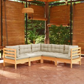 vidaXL 5 pcs conjunto lounge jardim c/ almofadões creme pinho maciço