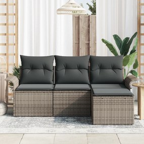 Conjunto de Sofá de Jardim de 4 Peças com Almofadas Cinza Rattan Polié