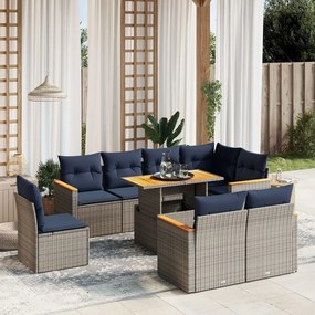 vidaXL 9 pcs conjunto sofás p/ jardim c/ almofadões vime PE cinzento