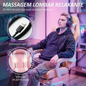 Cadeira Gaming Reclinável 155° com Suporte Lombar com Massagem Apoio de Cabeça e Apoio para os Pés 63x66x126-134 cm Rosa