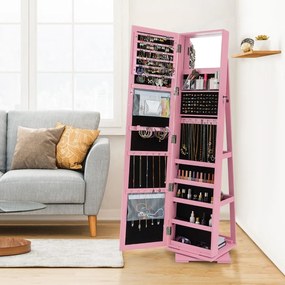 Espelho giratório 360° para joias com espelho de corpo inteiro Organizador de joias com espelho para maquilhagem 39 x 39 x 161 cm Rosa