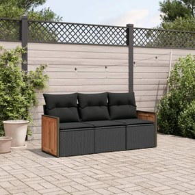 3 pcs conjunto sofás de jardim com almofadões vime PE preto