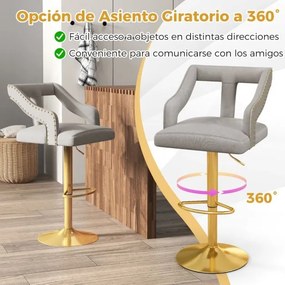Conjunto de 2 bancos de bar giratório ajustável com apoio para os pés Base metálica tipo holandeses em veludo Cinzento e dourado