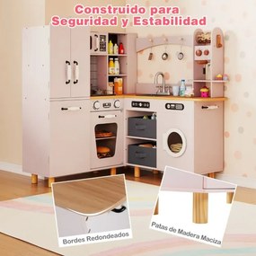 Cozinha de brincar de canto em madeira 96 × 91 × 105 cm com frigorífico de porta dupla, cafeteira, máquina de lavar roupa, 12 acessórios, luzes e sons