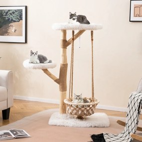 Arranhador para gatos 70 x 50 x 123 cm com rede suspensa, galhos de madeira, postes para arranhar em juta e 2 ganchos Natural + Branco