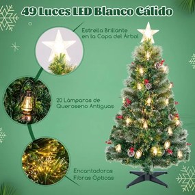 Árvore de Natal artificial de 150 cm com 8 modos de iluminação 49 luzes LED quentes Fibra ótica Agulhas de pinheiro Pinhas Bagas vermelhas