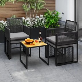 Conjunto de móveis de jardim em rattan PE de 5 peças com pufes, almofadas e mesa de café em madeira acácia cinzento