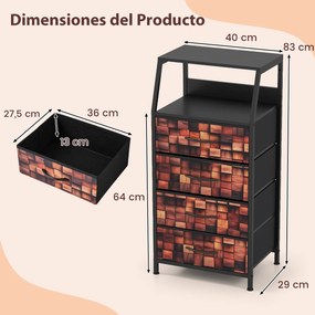 Mesa de cabeceira 40 x 29 x 83 cm com 4 gavetas revestidas a tecido, Estrutura metálica e armário vertical para arrumação no quarto, castanho