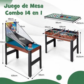 Mesa de jogos crianças 14 em 1 com basquetebol, bilhar, matraquilhos, pingue-pongue, hóquei, bowling e xadrez para festas e salas de jogos Natural
