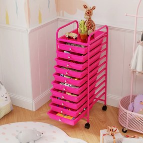 Carrinho multifuncional com rodas e 10 gavetas removíveis com estrutura metálica e gavetas empilháveis 33 x 37 x 86 cm Rosa escuro