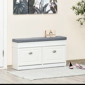 HOMCOM Banco Sapateiro com Armazenamento para 8 Pares de Sapatos com 2 Gavetas Prateleiras Ajustáveis e Almofada Acolchoada para Entrada Corredor 104x24x55cm Branco