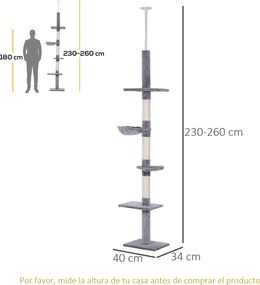Árvore Arranhadora para Gatos Arranhador para Fixar ao Teto Altura Ajustável com Plataformas Poste de Sisal 40x34x230-260cm Cinza