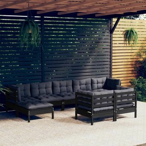 vidaXL 9 pcs conjunto lounge jardim c/ almofadões pinho maciço preto