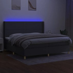 Cama box spring c/ colchão e LED 200x200 cm tecido cinza-escuro