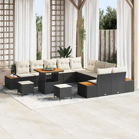 vidaXL Conjunto de Sofá de Jardim de 13 Peças com Almofadas Preto Vime Sintético Acácia