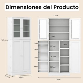 Armário cozinha de arrumação para despensa de cozinha com portas de vidro Prateleiras adicionais Branco