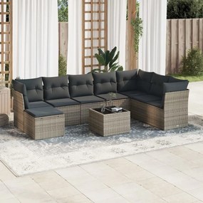 9 pcs conjunto sofás p/ jardim com almofadões vime PE cinzento