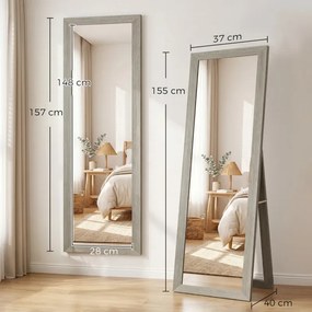 Espelho retangular com suporte de pé 37 x 155 cm, para fixação na parede ou para apoiar, com moldura de madeira, para sala de estar ou quarto, cinzent