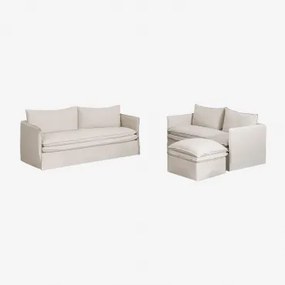 Conjunto De Sala Com Sofá De 2 Lugares, Sofá De 3 Lugares E Puff Em Linho E Algodão Grace Tecido Beige - Sklum