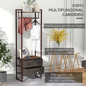 Suporte para Cabides com 3 Gavetas de Tecido Barra para Pendurar e Prateleira para Entrada Quarto 58,5x30x178 cm Castanho Rústico