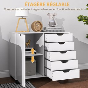 Móvel de arrumação para escritório com 5 gavetas 78 x 40 x 66,5 cm, 1 porta, prateleira ajustável, suporte para impressora e rodas, branco