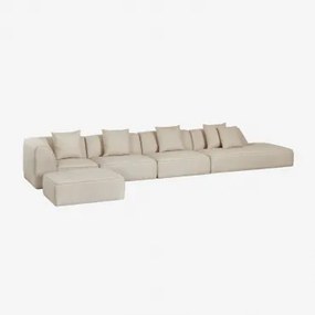 Sofá Modular De Canto Em 4 Peças Com Chaise Longue Direito E Puff Estofado Cardea Bouclé Bege Creme - Sklum