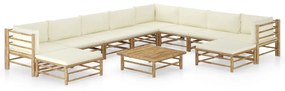 11 pcs conj. lounge jardim em bambu c/ almofadões branco nata