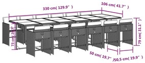 13 pcs conjunto jantar p/ jardim c/ almofadões vime PE cinzento