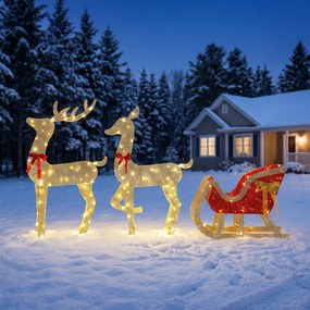 Conjunto de 3 Peças com Renas de Natal Iluminadas, 200 LED Branco Quente, 8 Modos e Temporizador Diário