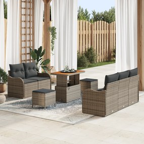 Conjunto de Sofá de Jardim em 8 Peças com Almofadas Cinza em Vime e Acácia