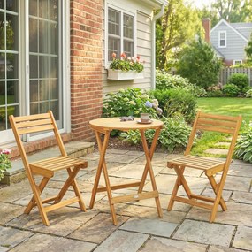 Conjunto de jardim 60x60x75 cm dobrável de 3 peças em madeira de acácia com mesa redonda e 2 cadeiras, sem montagem, cor natural