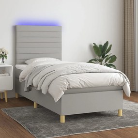 Cama box spring c/ colchão e LED 100x200 cm tecido cinza-claro