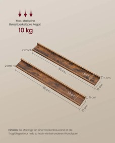 Conjunto de 2 prateleiras de parede 10 x 80 x 5/2 cm castanho vintage