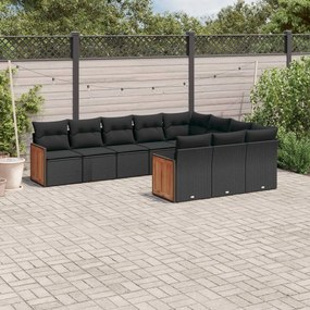 10 pcs conjunto sofás de jardim c/ almofadões vime PE preto