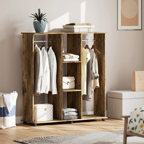 Guarda roupa aberto móvel de arrumação com rodas, 6 rodas, 120 x 40 x 128 cm, em madeira castanha