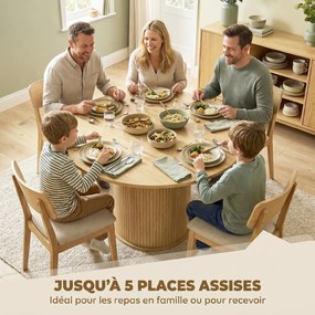 Mesa de jantar redonda para 5 pessoas, Ø 120 x 75 cm (CADEIRAS NÃO INCLUIDAS), mesa de cozinha com base cilíndrica canelada, madeira natural