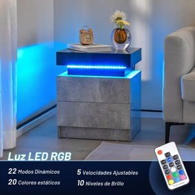 Mesa de cabeceira com luzes LED e 2 gavetas de arrumação com textura de mármore para sala de estar Quarto 45 x 35 x 52 cm preto/cinzento