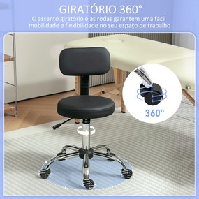 Banco Giratório Banco com Rodas e Encosto Banco de Trabalho com Altura Ajustável 78-93 cm Estofado em Couro Sintético Preto