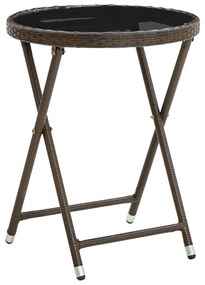 310560 vidaXL Mesa de chá 60 cm vime PE e vidro temperado castanho